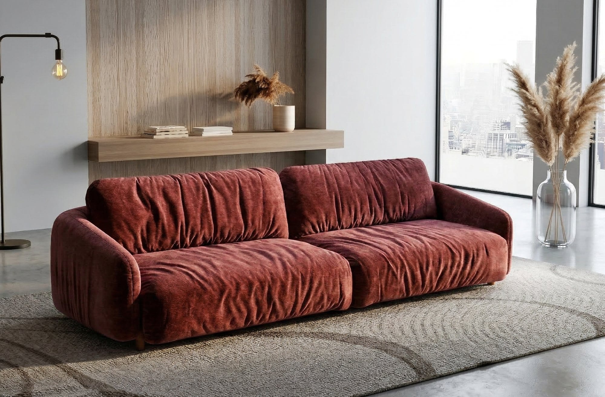 Sofá Grinza terracota da linha Ferrari Passion em living contemporâneo de alto padrão